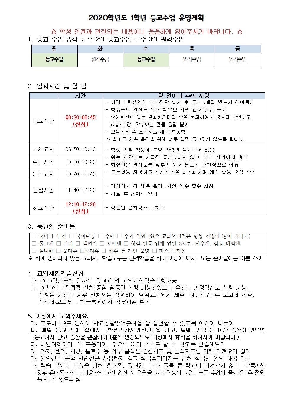 1학년 등교수업 운영계획001